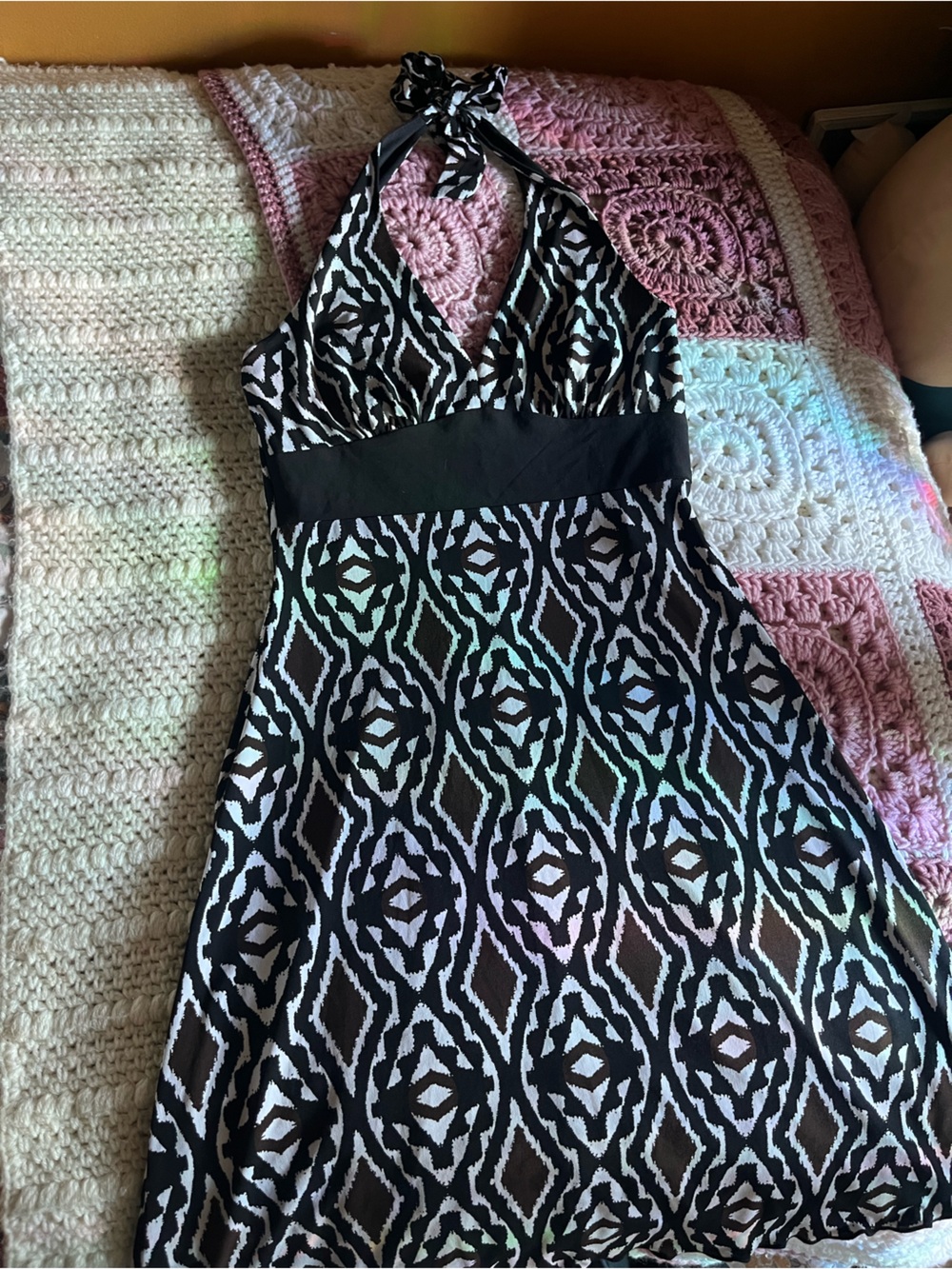 Suzy Shier Black and White Geometric Halter Midi Dress